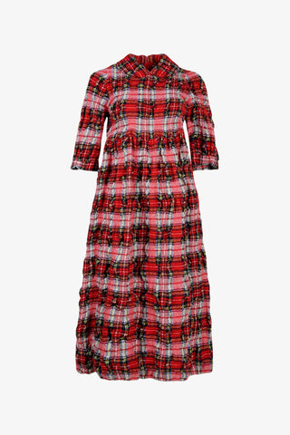 Crinkled Wool Tartan Long Sleeve Dress